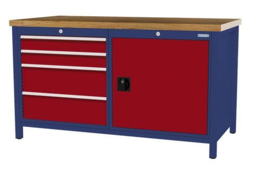 Bedrunka + Hirth Etabli avec plateau en hêtre massif Piétement en plusieurs couleurs, 4 tiroirs, 1 armoire