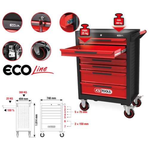 KS Tools ECOline BLACK/ROT Chariot d'atelier avec 7 tiroirs et 598 outils haut de gamme